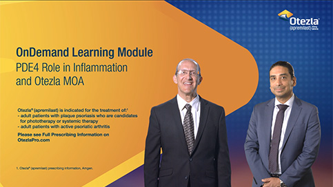 Thumbnail image of On Demand Learning Module video that highlights the PDE4 role in inflammation and the Otezla MOA