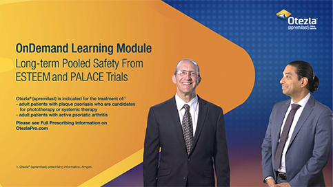Thumbnail image of On Demand Learning Module video that highlights the pooled long-term safety data from the ESTEEM and PALACE clinical trials for Otezla