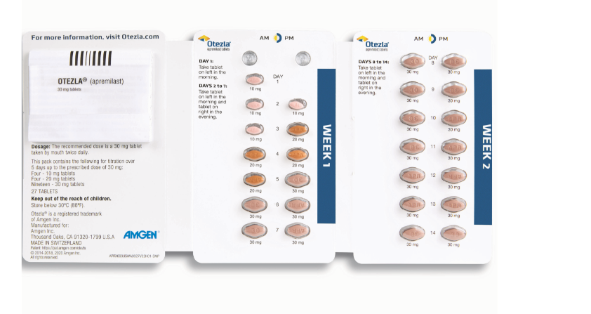 Image of Otezla starter pack sample with 27 tablets for weeks 1 and 2