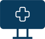 Graphic of a computer monitor with a plus sign outline in the center of the screen set on circular background