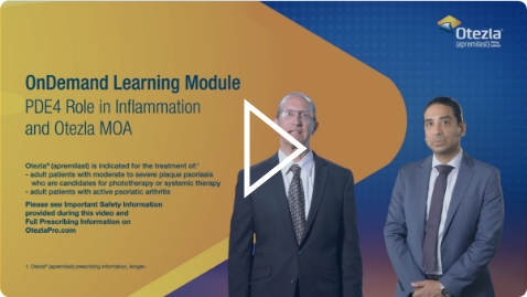Thumbnail image of OnDemand Learning Module video that highlights the PDE4 role in inflammation and the Otezla® MOA