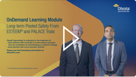 Thumbnail image of OnDemand Learning Module video that highlights the pooled long-term safety data from the ESTEEM and PALACE clinical trials for Otezla®